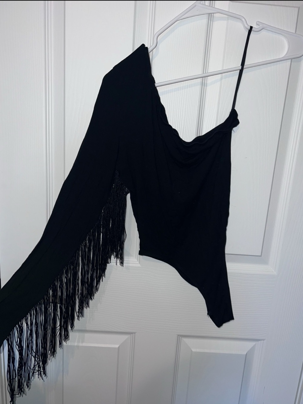 One Sleeved Asymmetric Fringe Black Bodysuit With 3 Button Bottom